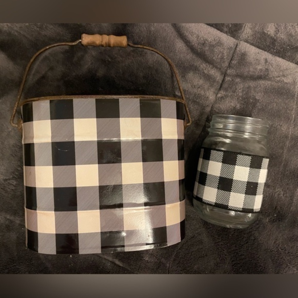 Black plaid mason jar and tin bucket